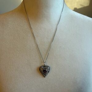 Sterling Silver Filigree Heart Necklace Purple Stone